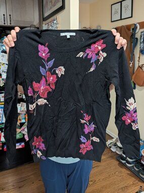 Daniel Rainn Black Floral Engineered Knit Pullover Sweater M